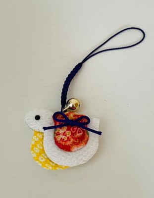 Japanese Kimono Fabric Netsuke Lucky Snake w/Bell  Keychain Charm Strap Handmade