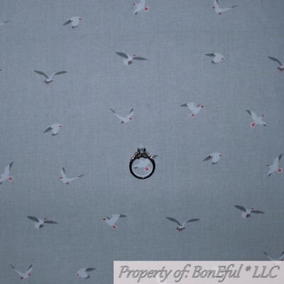 BonEful FABRIC FQ Cotton Quilt Gray Silver White Cloud Sky Seagull Bird Beach US