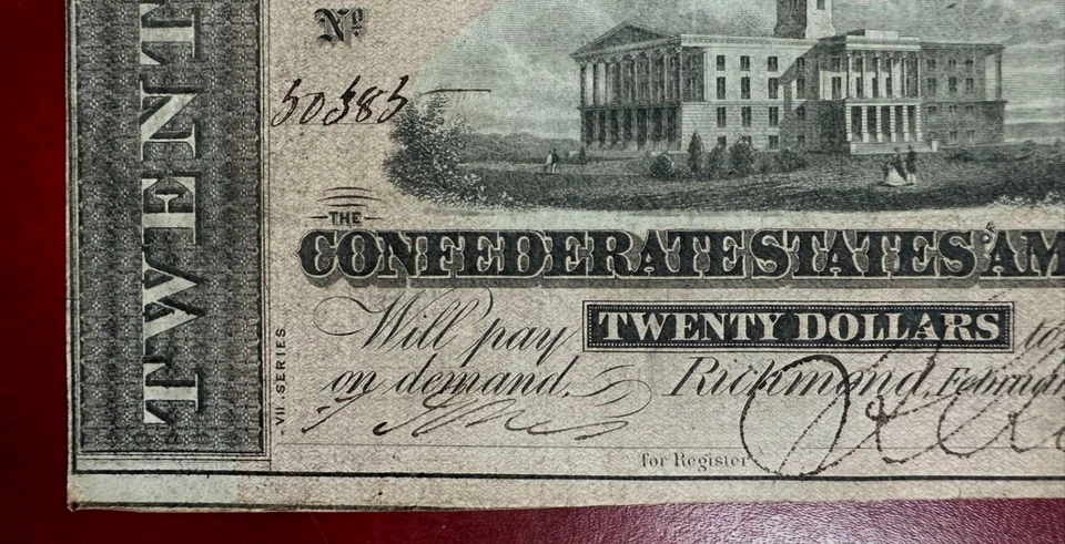 1864 Confederate States of America $20 Twenty Dollar Note Cut out of Register - Image 3 of 4