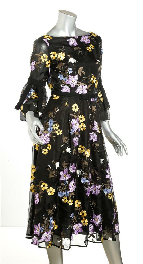 Robe Longue ERDEM En Soie Noire Organza Brodée Florale - Taille US6/UK10 - Neuve Avec étiquettes
