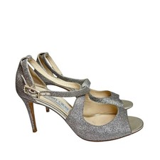 Jimmy Choo Glitter Ankle Strap Heels Silver Open Toe Stiletto Sandals Size 40 10