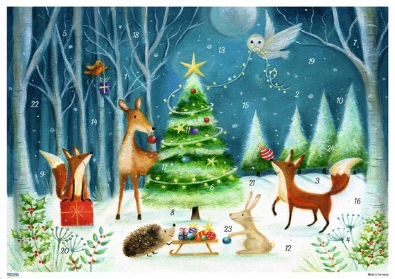 Korsch Adventskalenderkarte Scandic Tiere schmücken Baum 12507