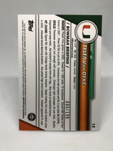 2023 Bowman U Chrome Blue Refractor /199 Tyler Van Dyke #13 Miami Card - Picture 2 of 2