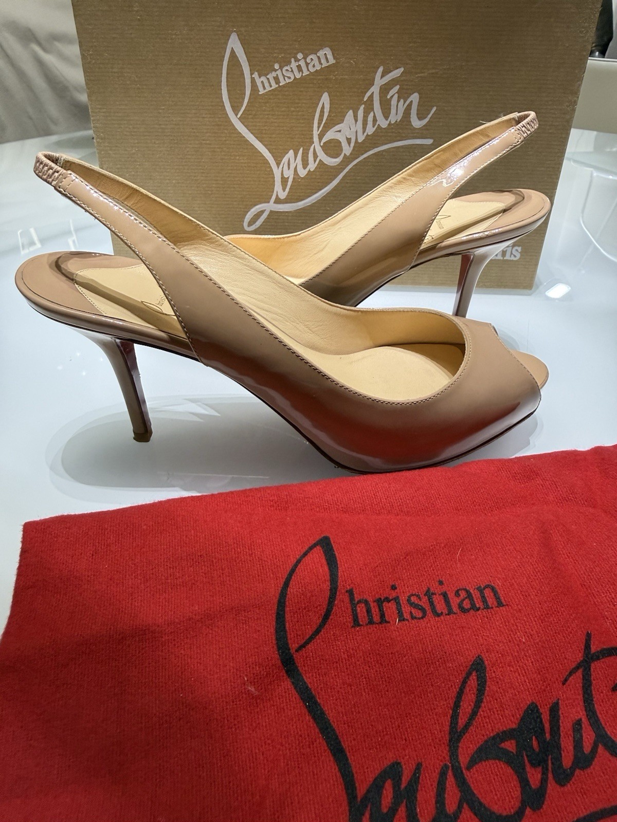 Cristian Louboutin 6.5 37.5 Patent Leather Platform Open Toe Stiletto Heels