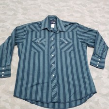 Wrangler Shirt Mens 16 1/2x33 Green Stripped Pearl Snap Long Sleeve Cowboy Rodeo