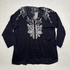 Johnny Was Navy Blue Embroidered Long Sleeve Tunic Henley Top Size 3X NWT READ