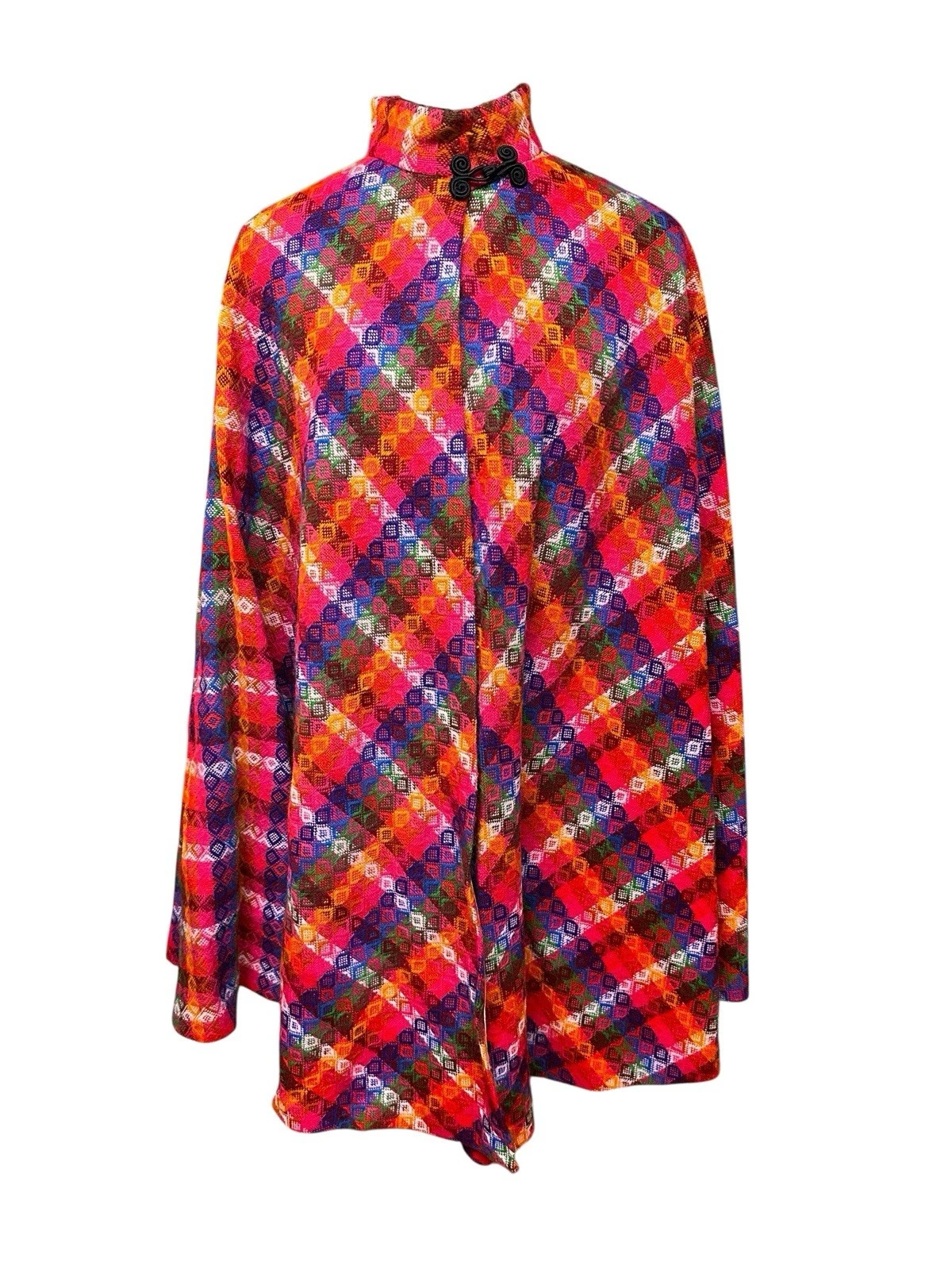 Rainbow Plaid Handmade Wool Poncho Cape Coat Womens S/M Vintage