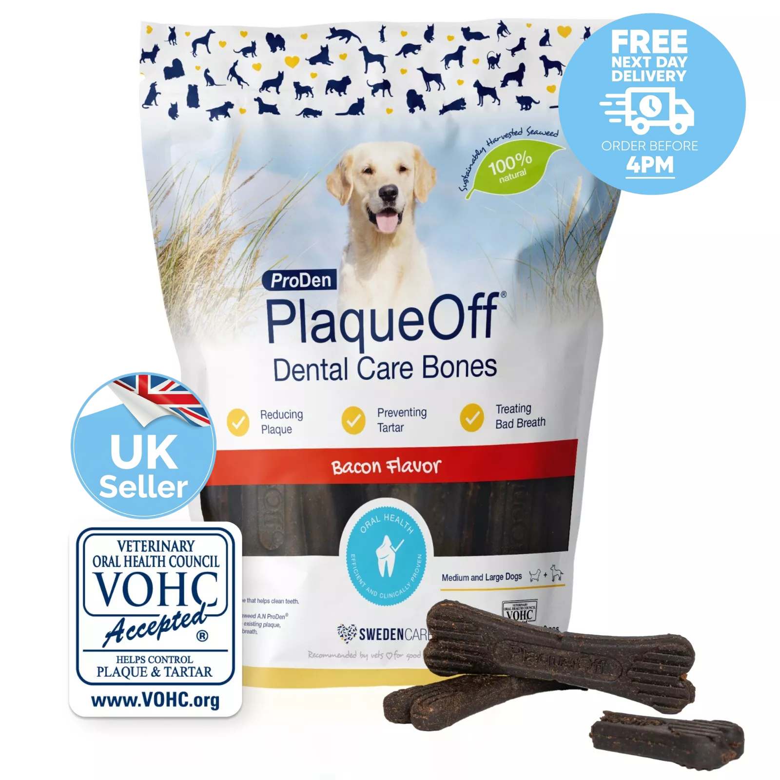 Dental PlaqueOff Bones Bacon for Dogs Removes Plaque Tartar and Bad Breath