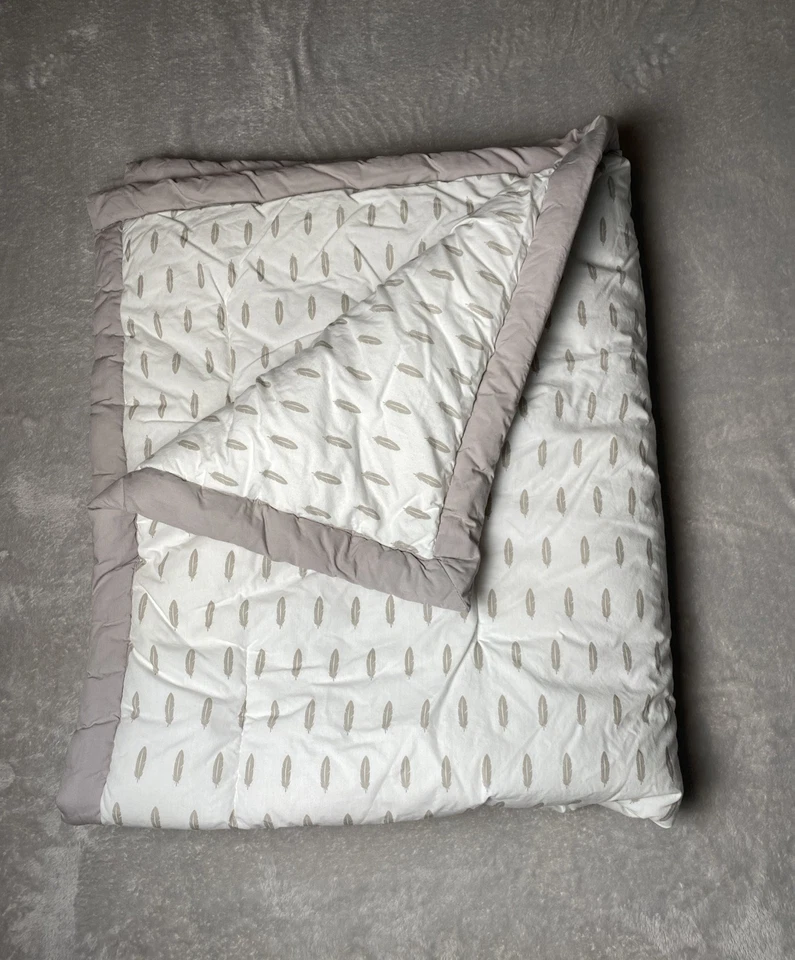 The Land of Nod Reversible Baby Blanket White Gray Feathers Soft Crib Comforter - Image 3 of 4