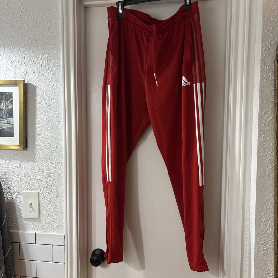 Adidas Track Pants Men's Red 3 Striped Regular Fit Tapered Leg XL sporty  - Image 2 of 4