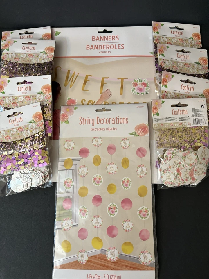 Kit de pancarta de letras jumbo para baby shower flores rosa/doradas y lote de 8 paquetes de confeti Foto 2 de 4