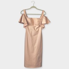 TARIK EDIZ Nude Pink Cocktail Dress Sheath Ruffle Sleeve Size 8 Party
