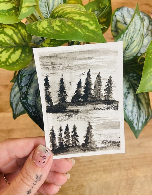 Original Art Painting- monochromatic black and white tree Water Color Miniature