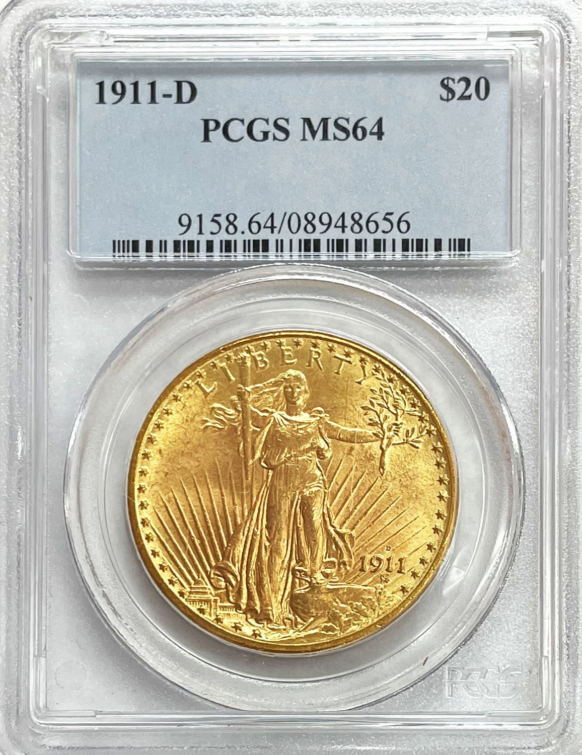 1911 D GOLD US $20 DOLLAR SAINT GAUDENS DOUBLE EAGLE COIN PCGS MINT STATE 64