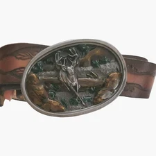 Bergamot Brass Works Belt Buckle Deer + Tooled Leather Belt Sz 43 VTG