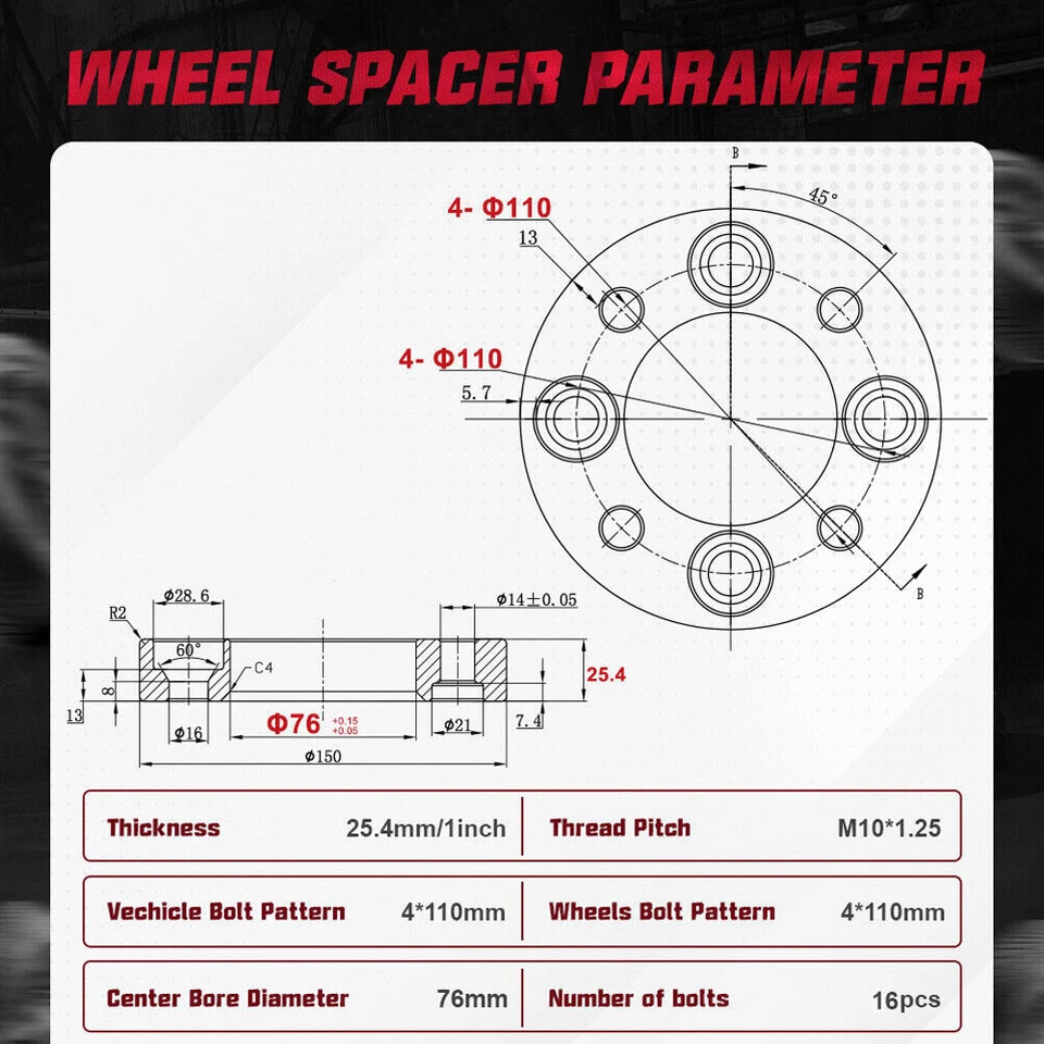4PCS 1" 4x110 ATV Black Wheel Spacers for Yamaha Kodiak 400 450 700 700K Rhino - Image 2 of 4