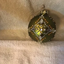 Large Green Glass Ball Christmas Ornament Gold Red Green Stones Beads Deco Retro