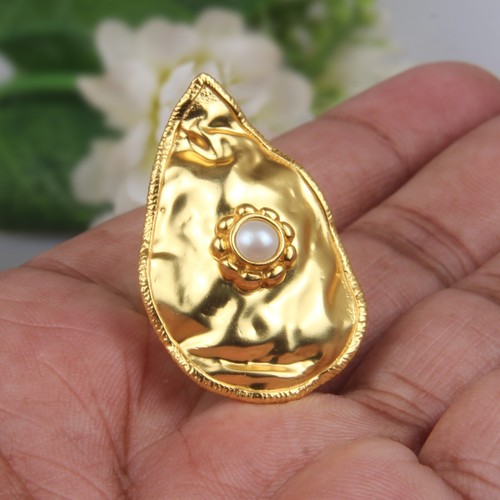 Handmade Gold On Brass Pearl Gemstone Set Abstract Foil Fashion Ring Jewelry - Bild 5 von 7