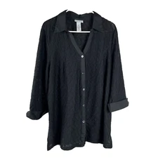 Catherines Womens 0X 14-16W Shirt Black 3/4 Sleeve Stretch Button Front Business