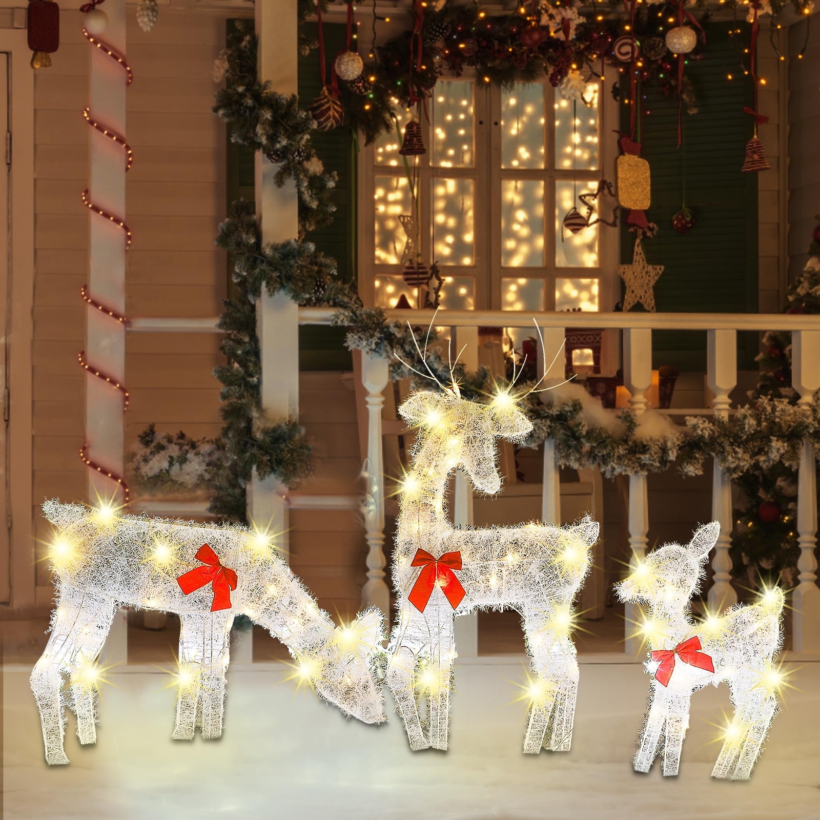 2D Christmas Yard Decorations, 3 Packs Pre-lit Reindeer Family with 60 Warm W...