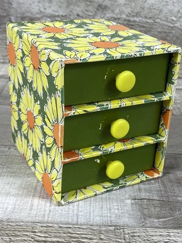 Vintage 60s 70s 3 Drawer Trinket Jewelry Box - Mod Sunflower Pattern - Japan