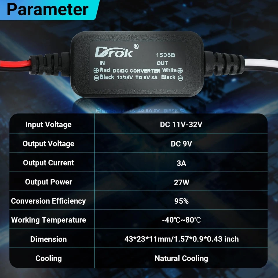 DROK 12V to 9V DC Converter, 11-32V to 9V 3A DC Buck Converter, Voltage Regul - Image 4 of 4
