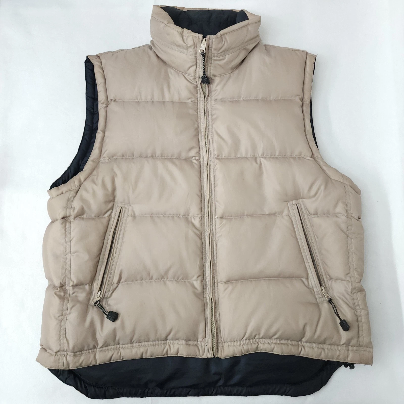 Vintage Goose Down Puffer Vest Reversible Beige Black Full Zip Sleeveless 80s