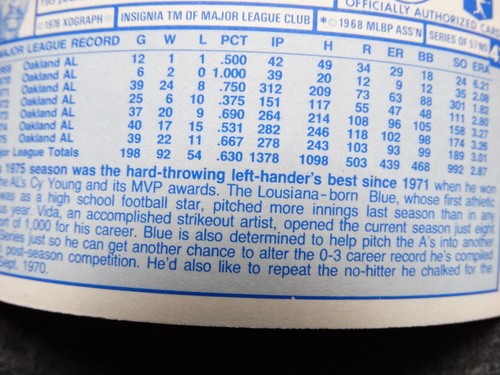 Vida Blue [Bio Pitched More Innings] #47 1976 Kellogg's card