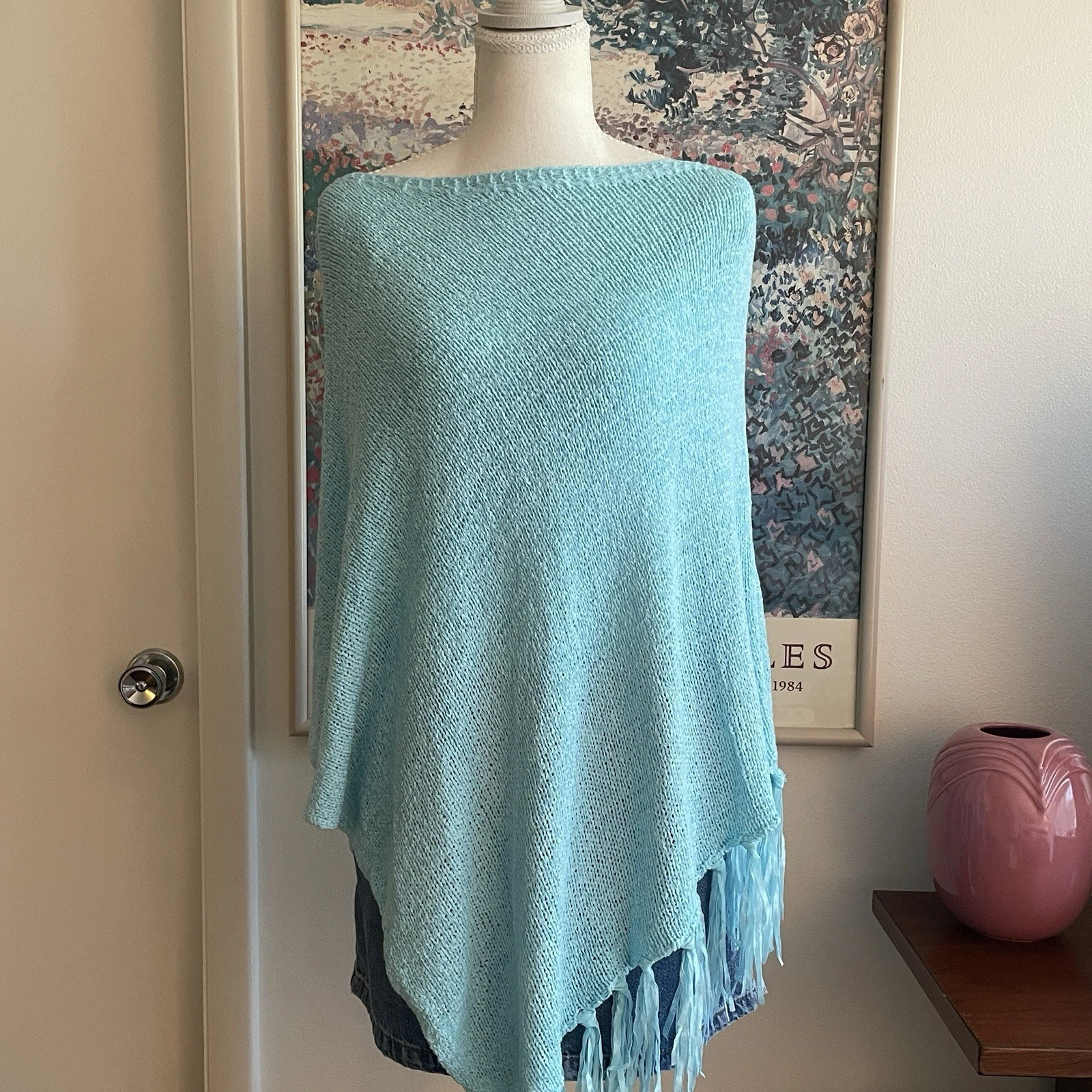 Chico's Aqua Blue Knit Poncho Sweater S Fringe Hem Mermaid Boho Coastal Resort