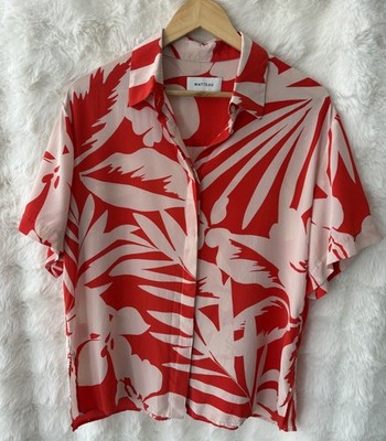MATTEAU Silk Blouse Red Short Sleeve Button Front Shirt Size 12
