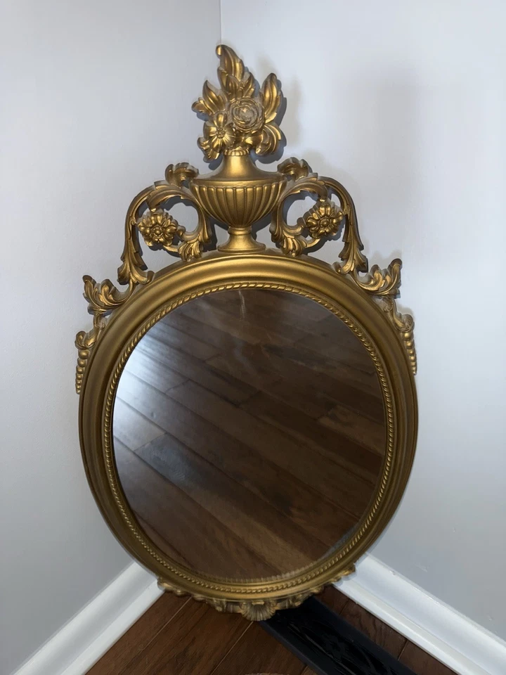 "Espejo de pared de colección MCM negro y dorado siroco ornamentado con desplazamiento Hollywood Regency 31 X 16""" Foto 2 de 4