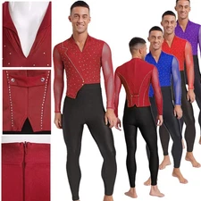 Men One-Piece Latin Jumpsuit Lapel Bodysuit Rhinestones Dancewear Sheer Mesh