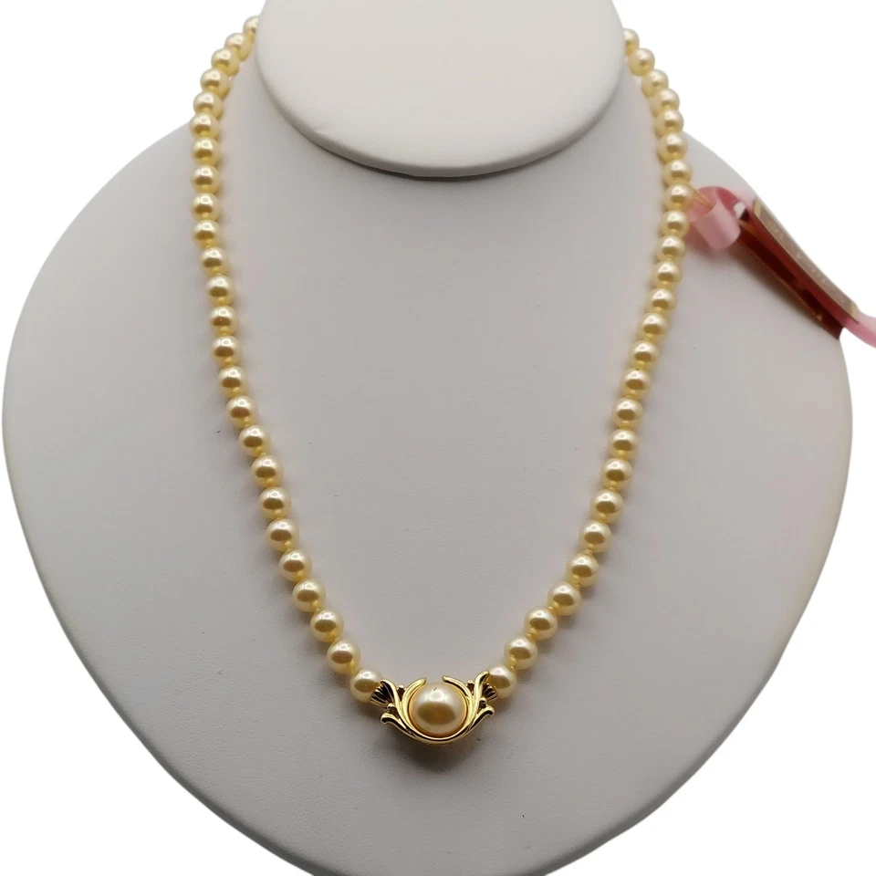 Signed Majorica Faux Pearl Necklace 16" Sterling 925 Gold Plated Clasp Tag 6mm - Image 2 of 4