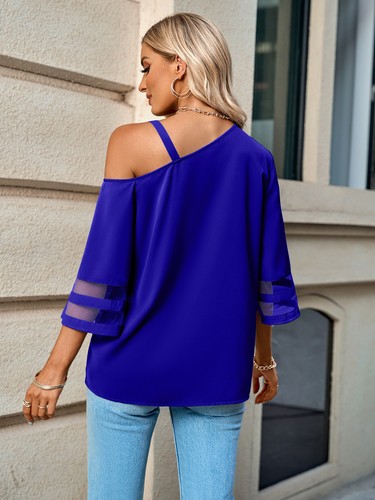 Neu Damen Sommer One Cold Shoulder Tops Shirts Netzärmel lose Bluse T-Shirt - Bild 31 von 33