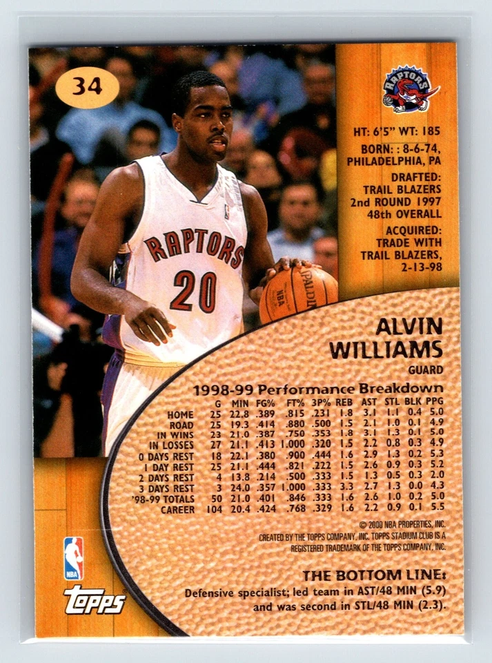 1999-00 Topps Stadium Club - Alvin Williams #34 - Image 2 of 2