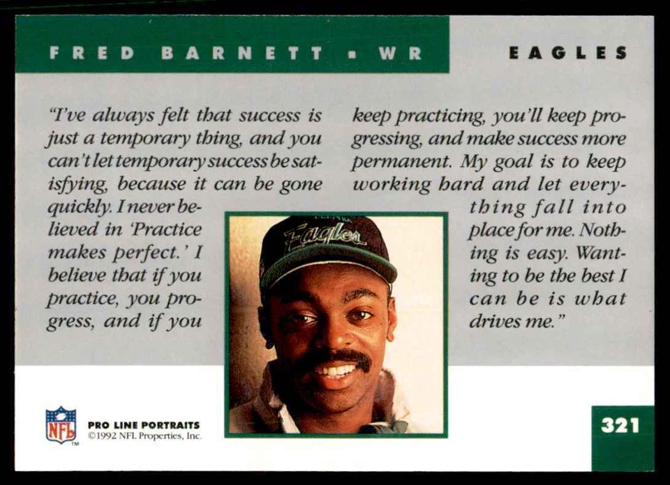 1992 PRO LINE FRED BARNETT PHILADELPHIA EAGLES #321 - Image 2 of 2