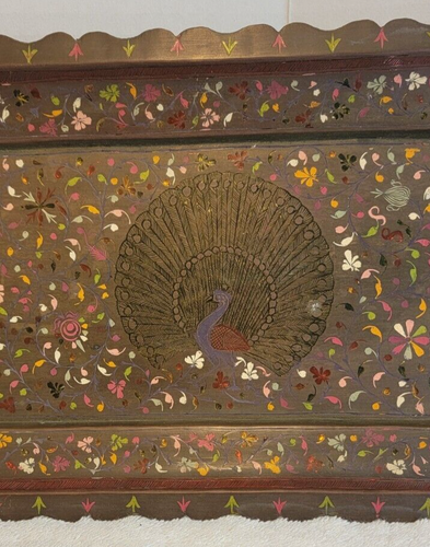VINTAGE BRASS 3 PEACOCK FLORAL RECTANGLE ETCHED TRAY INDIA ENAMEL? NICE 29" X 8" - Picture 4 of 10