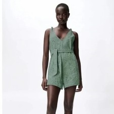 ZARA Womens NWT Sage Green Eyelet Nara Romper XS Floral Tie Waist Bohemian