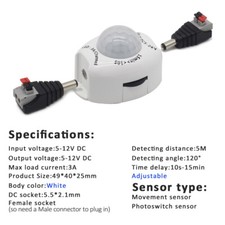 PIR Motion Sensor 12V DC Switch 5V LED Strip Light Movement Detector 5 Volt