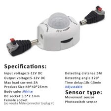 PIR Motion Sensor 12V DC Switch 5V LED Strip Light Movement Detector 5 Volt 
