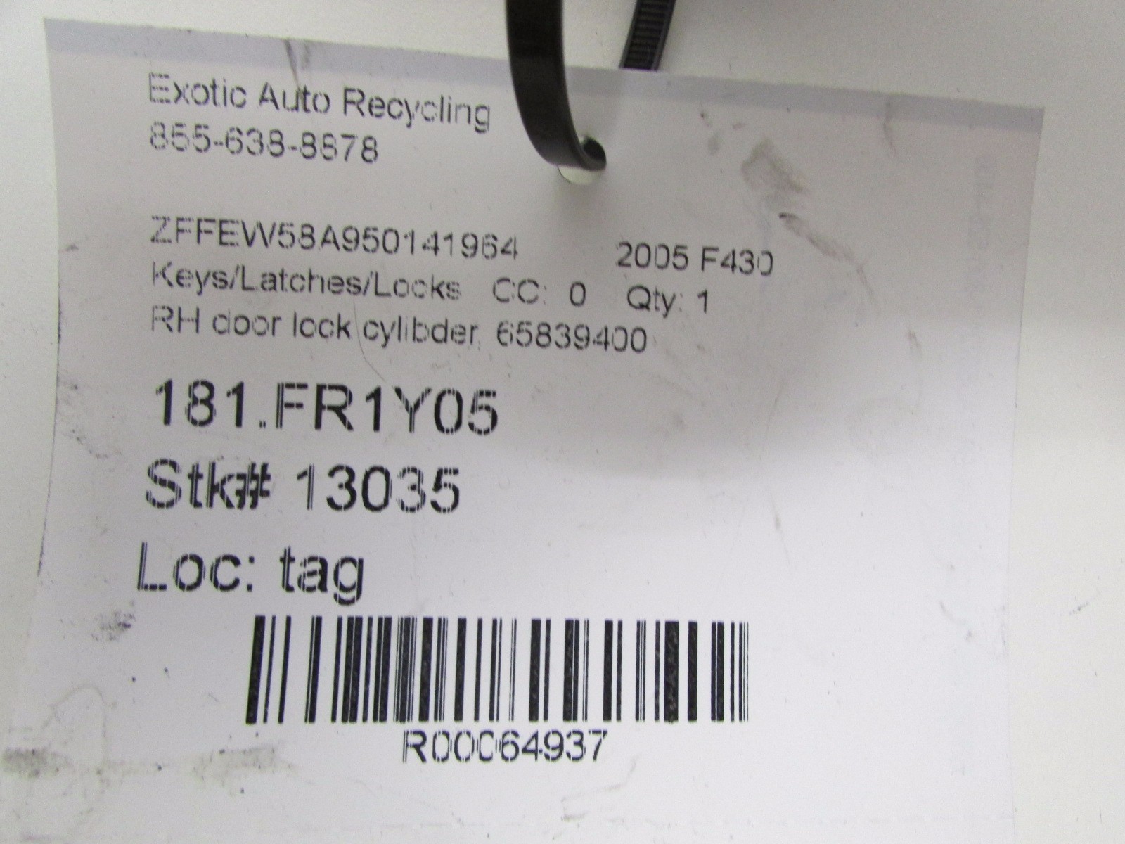 Ferrari F430, 360, RH, Right Door Lock Cylinder, Used, P/N 65839400