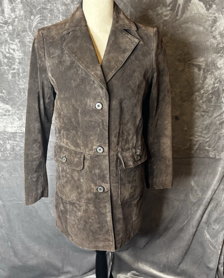 Abrigo de coche Style & Co pequeño marrón pequeño 100 % cuero gamuza totalmente forrado con botones Foto 2 de 4