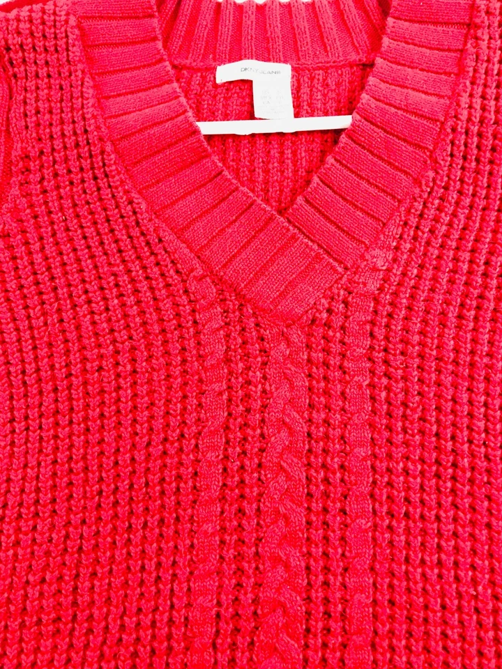Suéter DKNY Para Mujer Talla Pequeña Rojo Pullover Cuello en V Bordes Acanalados Cordón Tejido Foto 3 de 4