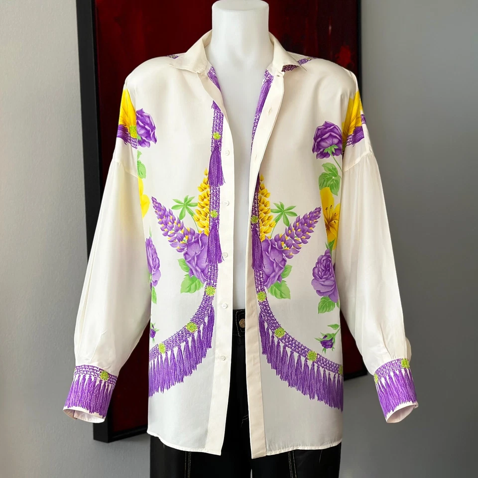 GIANNI VERSACE ivory silk shirt Tassel Fringe & Floral print size 3XL from 1990 - Image 4 of 4