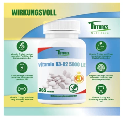 FUTURES NUTRITION Vitamina D3 5000 UI Vitamina K2, 365 Comprimidos MK-7 Menaquinona-7 D3+K2 5000 iI.u