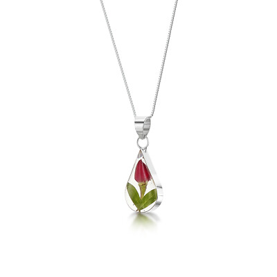 Kreischendes Veilchen - Rosenknospe Sterlingsilber Träne Anhänger Halskette in Box