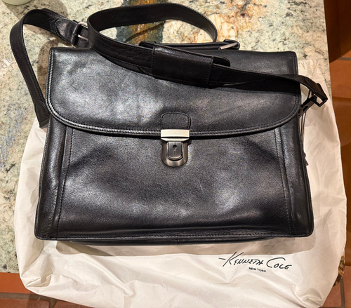 Kenneth Cole Mens Black Leather Briefcase Laptop/Portfolio/Messanger bag w/strap