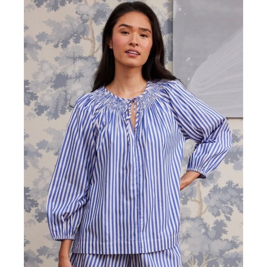 Lake Blue White Stripe Smocked Cotton Pajama Top Puff Sleeve Women's size Large