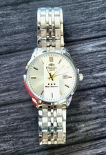 Vintage Japan Orient 3 Star Mens Silver Watch Silver Dial