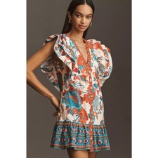 nwt FARM RIO x ANTHROPOLOGIE sz L Ruffle-Sleeve Mini Dress